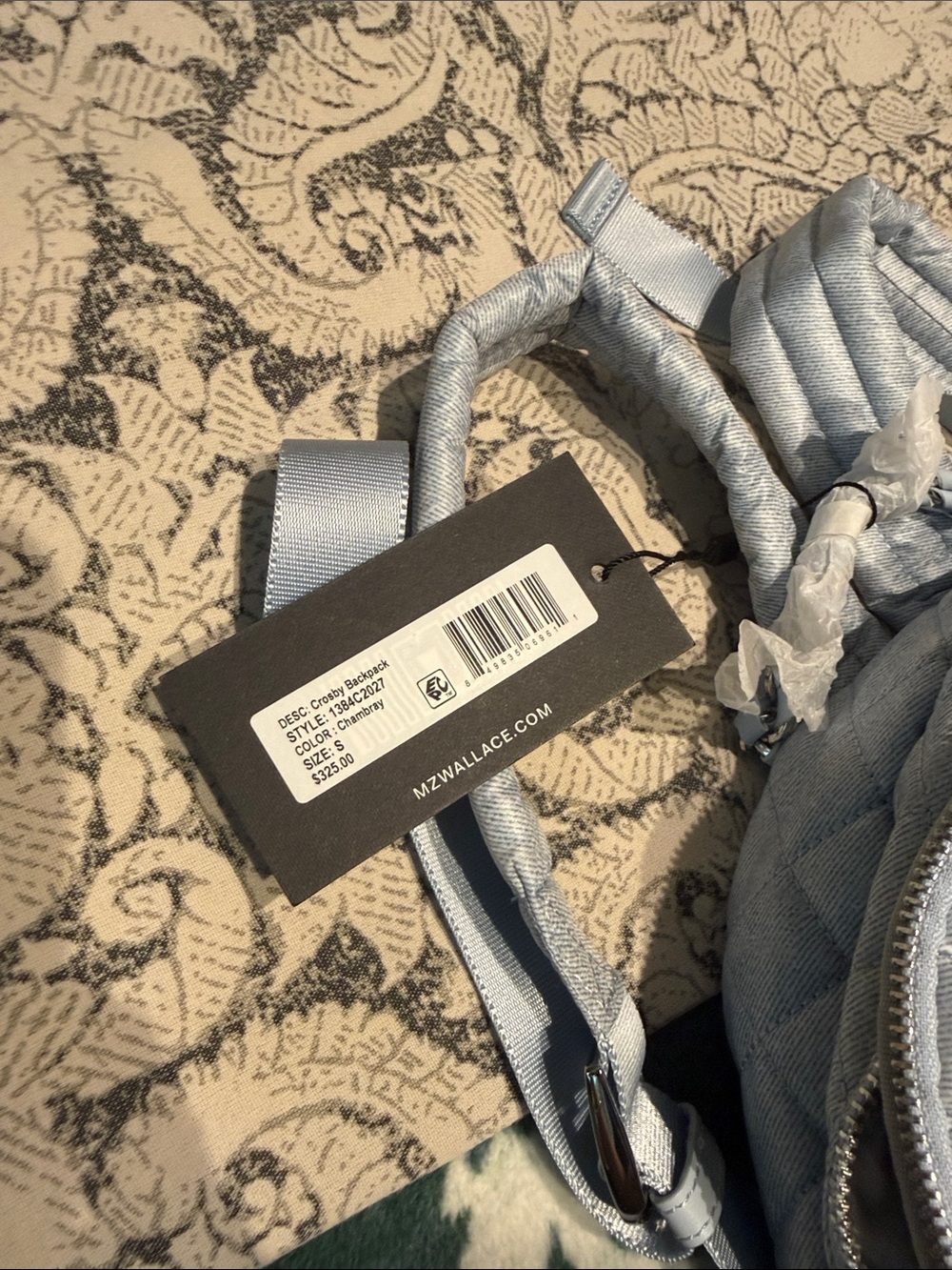 MZ Wallace Quilted Light Blue Metallic Backpack with Front Zip Pockets - Picture 2 of 2
